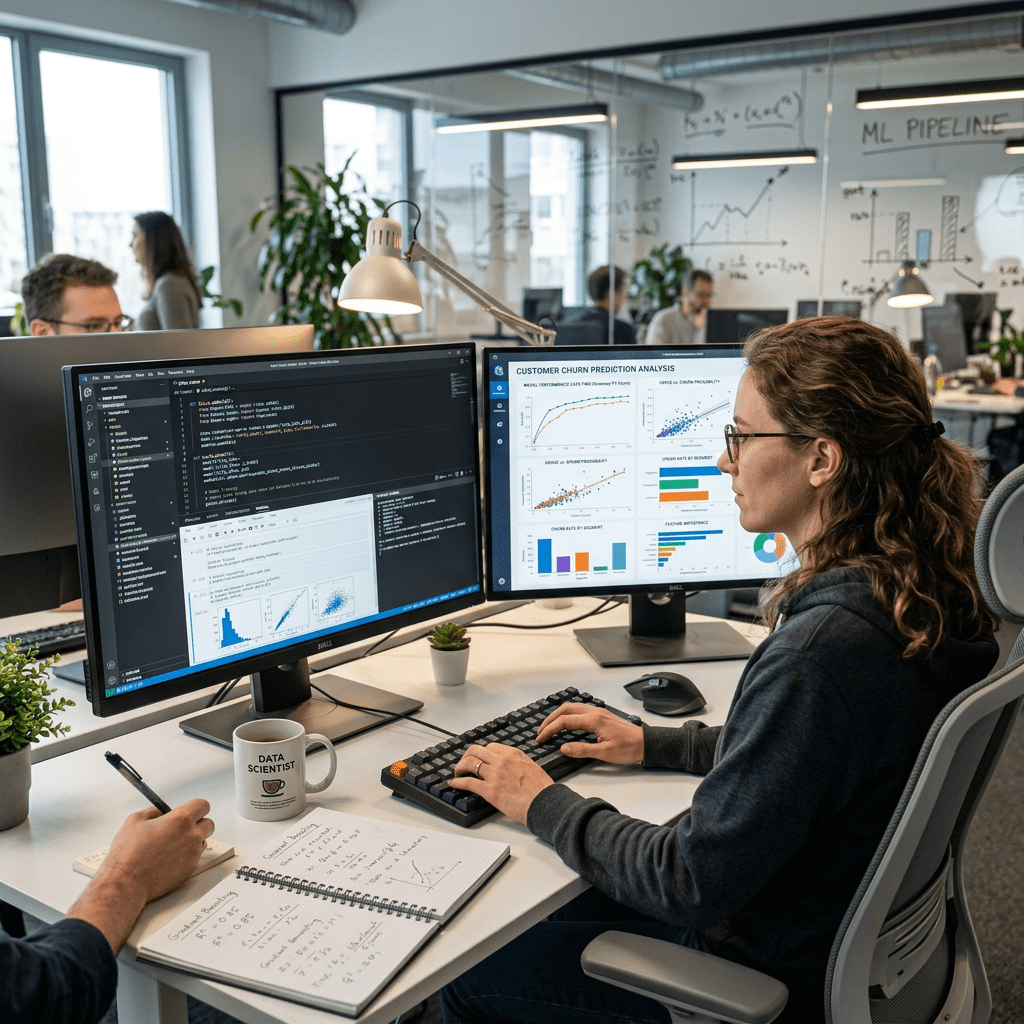 Data scientist working on customer churn prediction analysis with graphs and code displayed on two computer screens