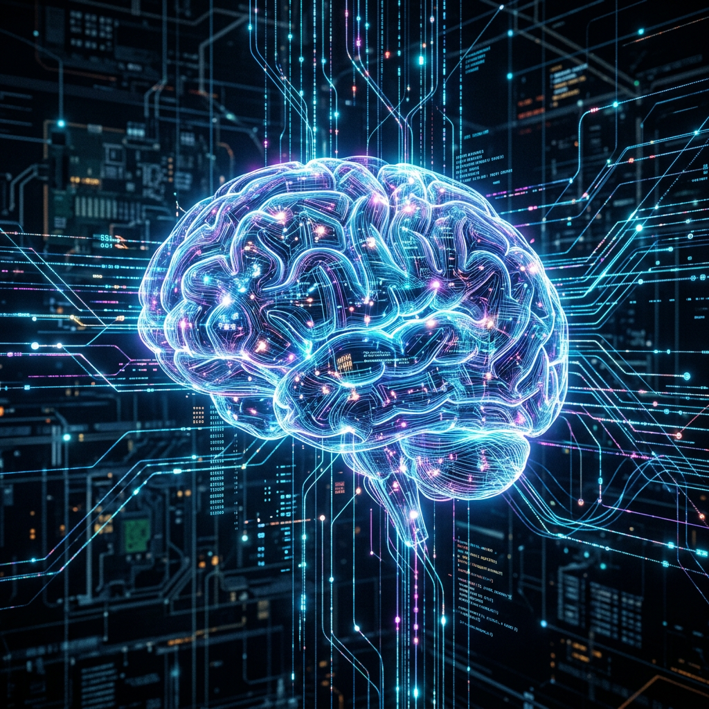 Glowing digital brain with interconnected neon data streams and circuits