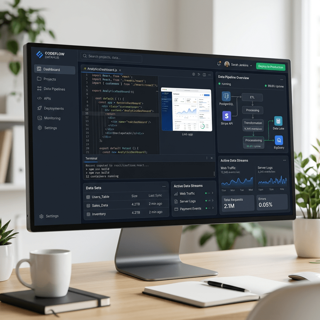 Desktop monitor showing a dark-themed data analytics dashboard with code, data pipeline overview, and data streams