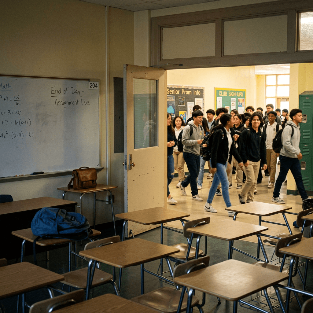 High school students walking out of classroom into hallway