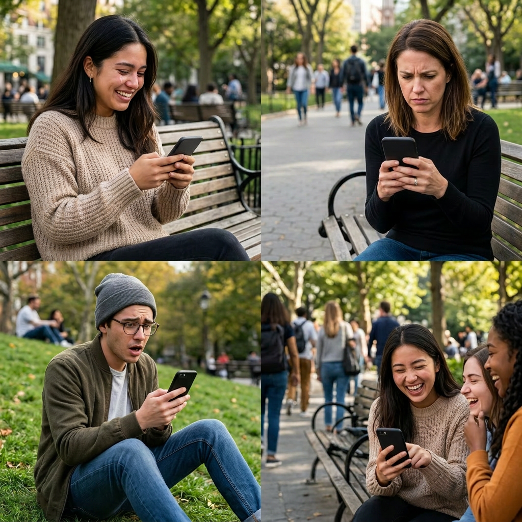 Four young adults displaying joy, anger, surprise, and laughter while using social media apps on their smartphones
