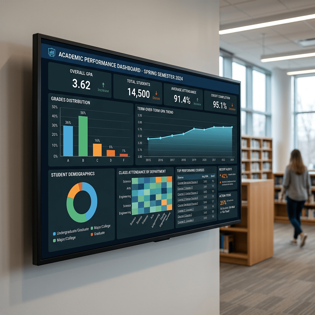 Academic performance dashboard showing GPA, student count, attendance, credit completion, and various charts for Spring 2024 semester