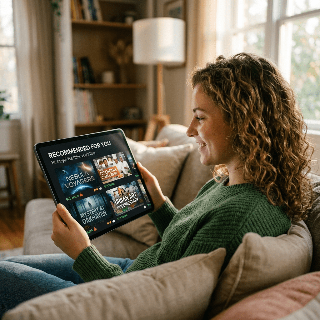 Woman sitting on couch looking at tablet displaying personalized video recommendations