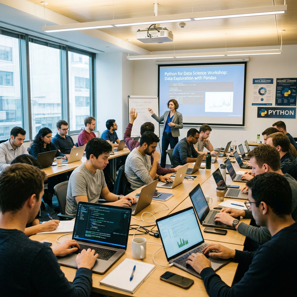 People working on laptops during a Python data science workshop with instructor presenting