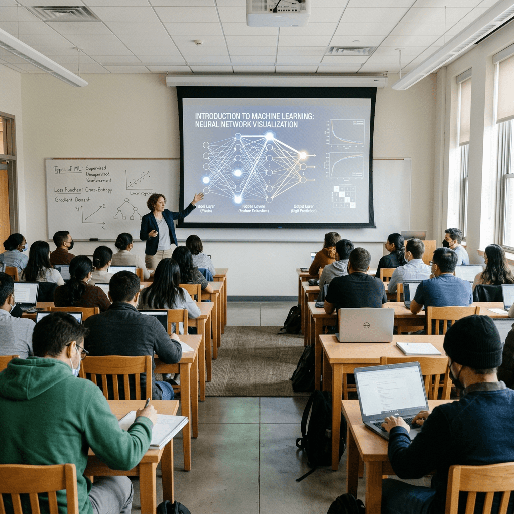 Professor presenting a neural network visualization to students in a classroom