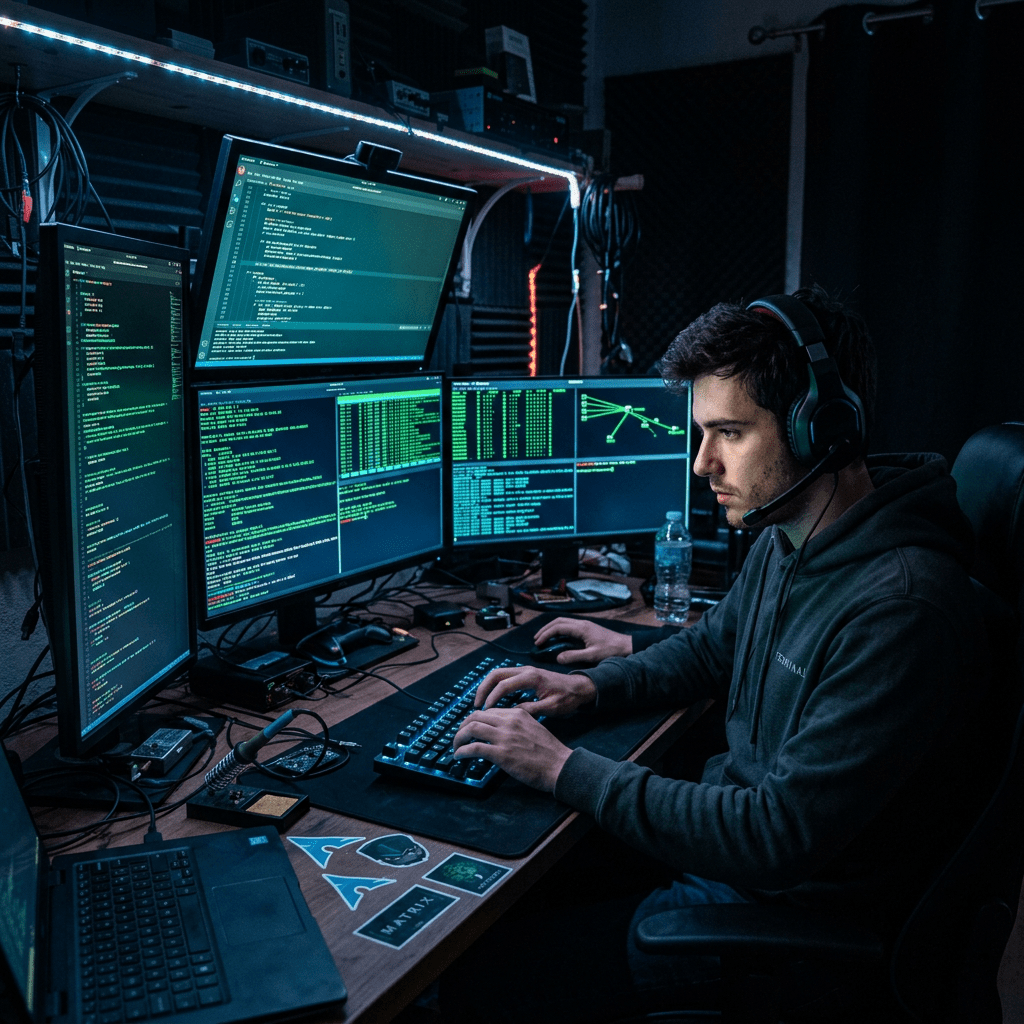 Person wearing headset working on multiple computer monitors with cybersecurity data and code