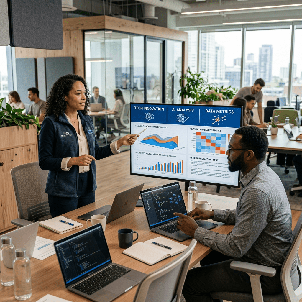 Two colleagues working on AI project with data charts on screen